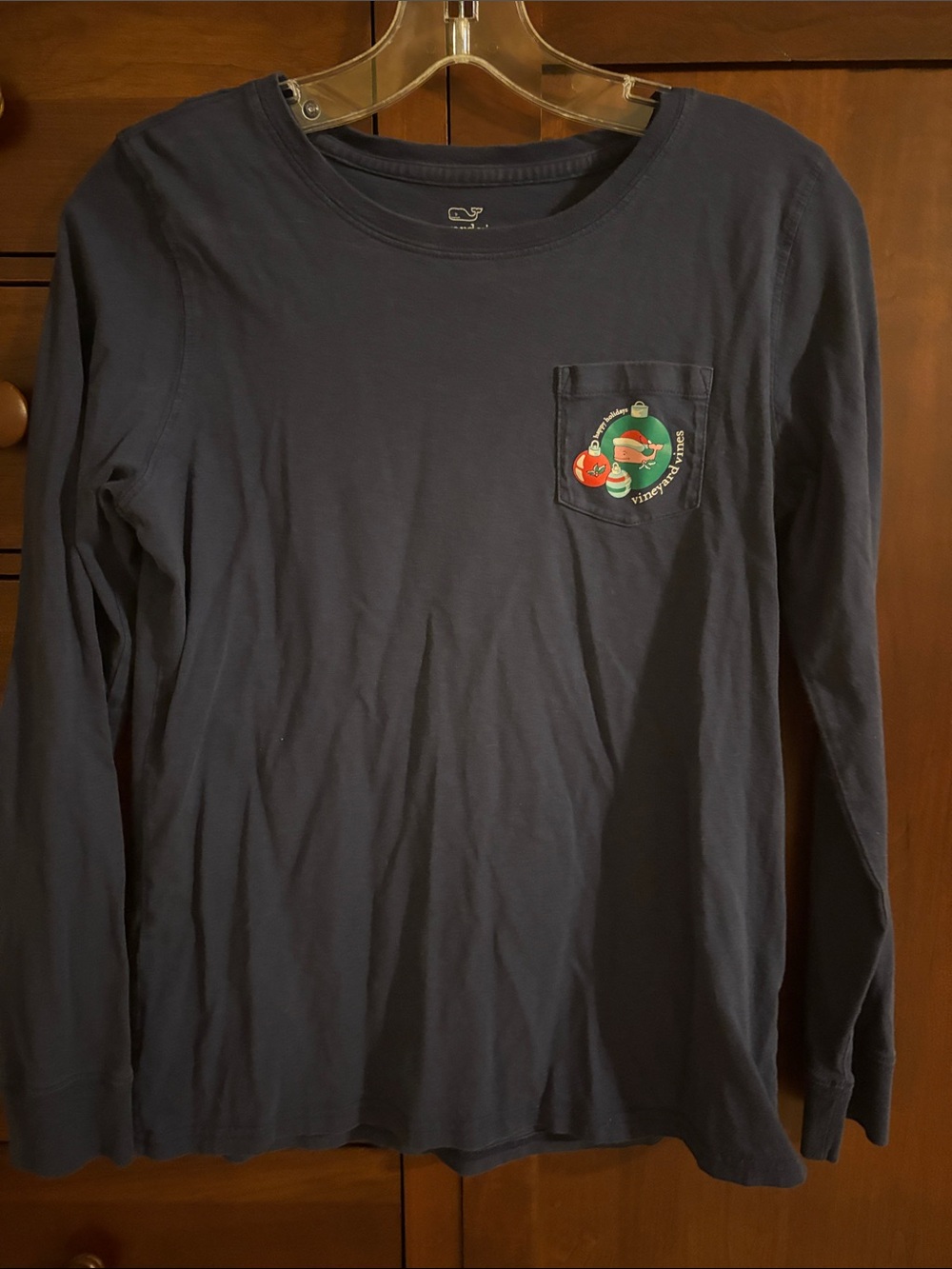 Vineyard Vines Navy Long-Sleeve Pocket Tee with Holiday Graphic